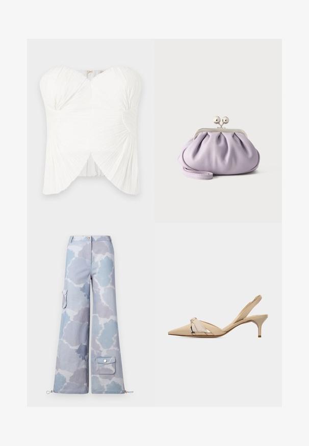 Witte strapless top met plisséstof, rond decolleté en twistdetail bij de buste. Glad textuur met een getailleerd silhouet en verstelbare sluiting.; Wijdvallende cargobroek in een lichtblauwe en grijze wolkenpatroon, met een zijzak en een verstelbare trekkoord aan de onderkant.; Beige kittenheel slingback met puntige neus, decoratieve knoop op het bovenwerk en een lage, slanke hak.; Zachte lavendelkleurige clutch met geplooide stof, zilveren kiss-lock sluiting en bijpassend polsbandje op een effen lichte achtergrond.