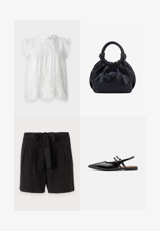 Witte katoenen blouse met ruches op de mouwtjes, een hoge kraag en geborduurde oogjes aan de onderrand in een paisleypatroon.; Zwarte katoenen shorts met een strikgordel in de taille, plooien aan de voorkant en zijzakken. Gladde textuur en casual ontwerp.; Zwarte gepatineerde leren slingback schoenen hebben een spitse neus, twee banden met gespsieraden en een platte zool.; Zwarte zachte leren handtas met geplooide bovenkant en twee dikke handvatten die in knopen zijn gestrikt tegen een effen lichte achtergrond.