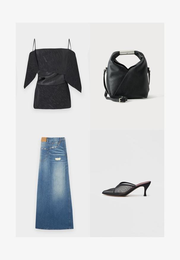 Sort top med et tekstureret mønster, der har draperet design, justerbare spaghetti-stropper og en taljeret detalje.; Denim maxi nederdel i lyseblå med høj talje, slidte detaljer, lommer og lige silhuet, lavet af bomuldsstof.; Sort mesh mule med spids tå, tynde stropper og 3-tommer stiletto hæl. Har en gennemsigtig struktur og en ensfarvet sål.; Sort tekstureret læderhåndtaske med en rullet top-håndtag med en metalstang og en justerbar skulderrem med spænde.