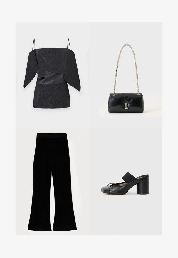 Haut noir avec un motif texturé, présentant un design drapé, des bretelles spaghetti ajustables et un détail de taille froncée.; Pantalon noir évasé en tissu doux et texturé avec une taille lisse. Le design présente une jambe large et un ourlet uniforme.; Mules noires à talons avec un bout rond, fabriquées en cuir lisse. Dotées d'une bande élastiquée et d'un talon cylindrique proéminent.; Sac à main en cuir noir avec une bandoulière chaîne argentée et un fermoir argenté, exposé sur un fond uni clair.