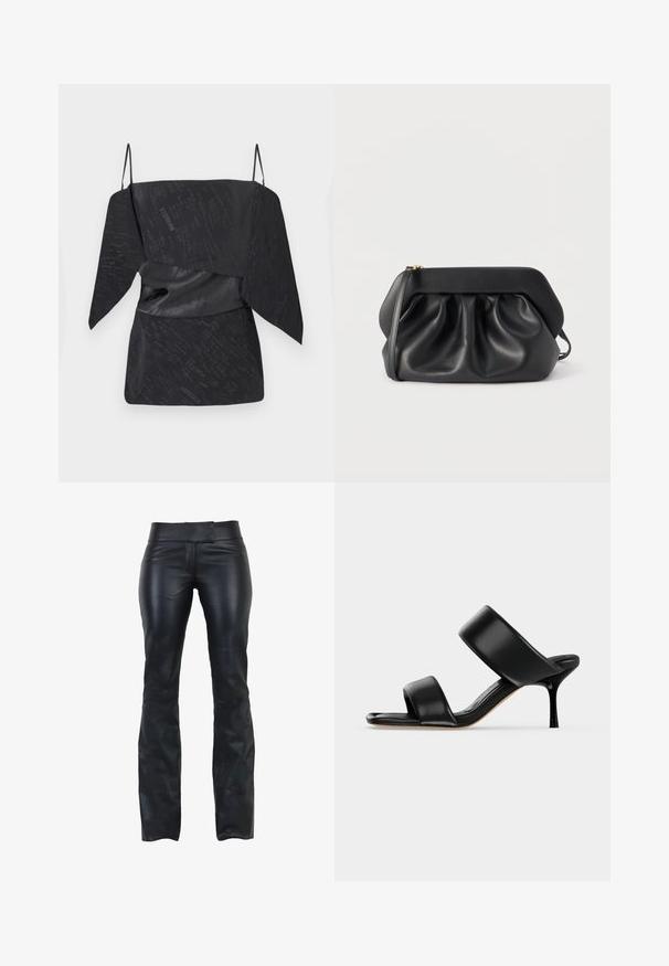 Sort top med et tekstureret mønster, der har draperet design, justerbare spaghetti-stropper og en taljeret detalje.; Sorte læderbukser med slim fit, flad talje og udskæring i bunden. Glat tekstur og minimalistisk design uden synligt hardware.; Sort læder mule sandal med to brede remme og en slank mellemhøj stiletthæl på en ensartet lys baggrund.; Sort læderclutch med struktureret ramme, rynkedetaljer og en slank håndledsrem på hvid baggrund.