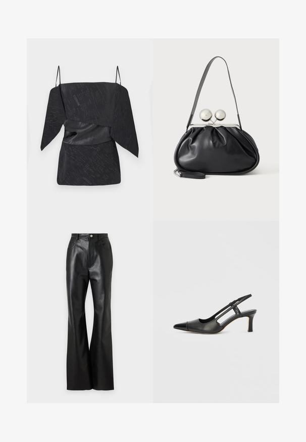 Top negro con un patrón texturizado, diseño drapeado, tirantes ajustables tipo espagueti y detalle de cintura ceñida.; Pantalones de cuero negro acampanados con un acabado elegante, bolsillos frontales y costuras en contraste. Presenta un cierre de botón y una cinturilla estructurada.; Zapato slingback de cuero negro con punta afilada, con un acento brillante en la puntera y un tacón de altura media. Diseño con lateral abierto.; Bolso de mano de cuero negro con diseño fruncido, una sola correa, marco metálico plateado y dos cierres grandes redondos de plata.