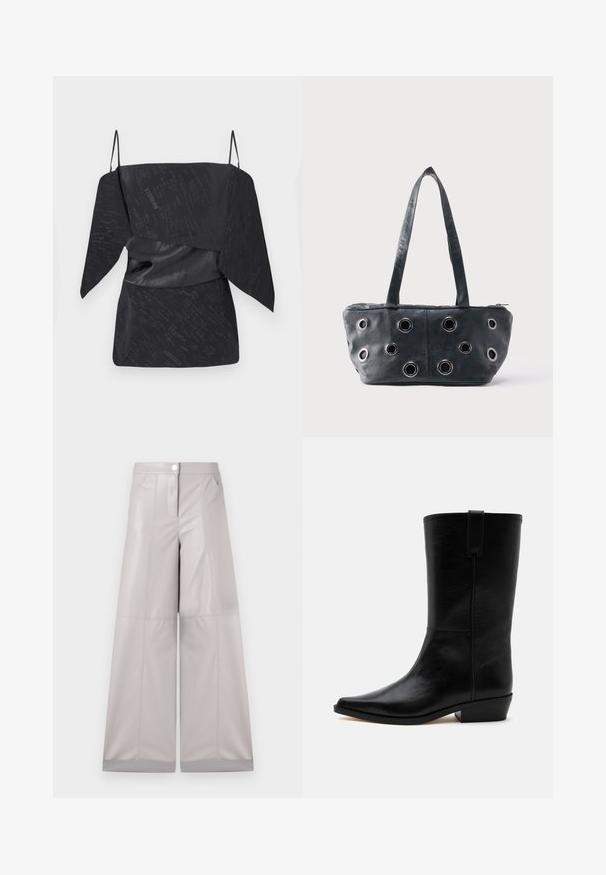 Haut noir avec un motif texturé, présentant un design drapé, des bretelles spaghetti ajustables et un détail de taille froncée.; Pantalons large en simili cuir gris clair, avec une fermeture à bouton sur le devant, deux poches latérales et des coutures pour plus de texture.; Botte de cowboy en cuir noir mi-mollet avec bout pointu, petit talon empilé et languette de tirage en haut sur un fond uni.; Sac à main en cuir noir avec deux poignées et plusieurs œillets en métal argenté sur le panneau avant, posé sur un fond clair uni.