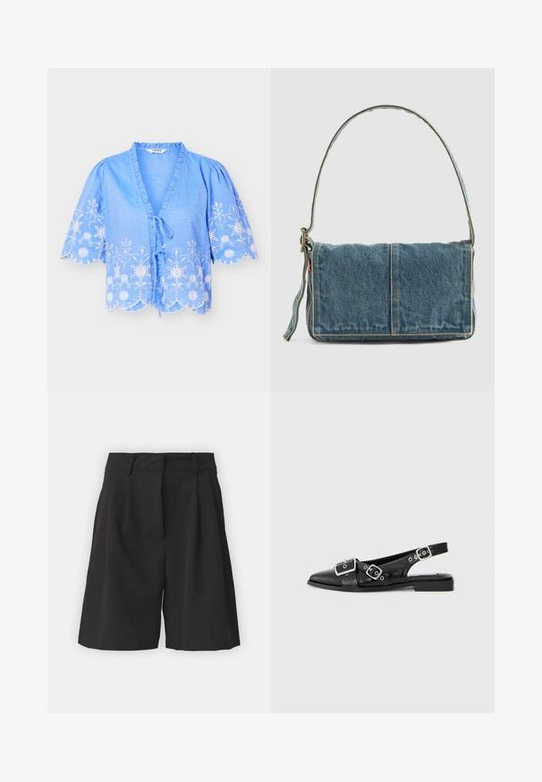 Lichtblauwe blouse met geschulpte randen, witte bloemrijk borduurwerk, korte pofmouwen, een gerimpelde halslijn en striksluitingen aan de voorkant.; Zwarte shorts met een op maat gemaakte ontwerping, voorzien van plooien aan de voorkant, een brede tailleband en een soepele textuur. Geen zichtbare zakken.; Zwart leren slingback schoen met een spitse neus, twee zilveren gespen en een lage blokhak. Bevat een gemêleerde bovenkant en een open achterkant.; Denim schoudertas met een opvouwbaar ontwerp, lichtblauwe kleur, zichtbare stiksels, verstelbare schouderband en een zijlabel accent.
