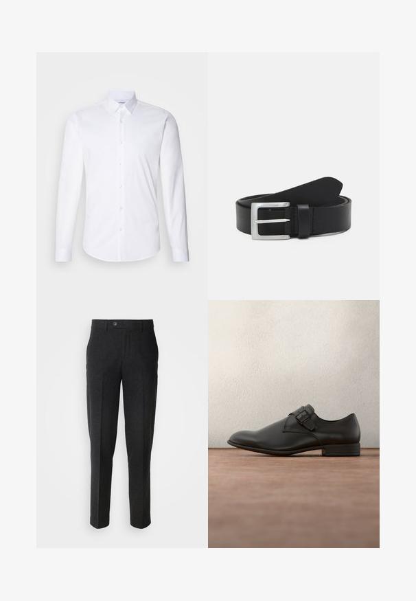 Witte lange mouwen knoopshirt gemaakt van gladde katoenstof, met een klassieke kraag, knoopsluiting en een gebogen zoom.; Lindbergh Broek - black melange; Zwarte leren nette schoen met een gladde textuur, ronde neus, zijgespdetail en lage hak, geplaatst bovenop een grijze ondergrond.; Zwarte leren riem met een gladde textuur, zilveren rechthoekige gesp en een lus voor het einde. Heeft nette stiksels langs de randen.
