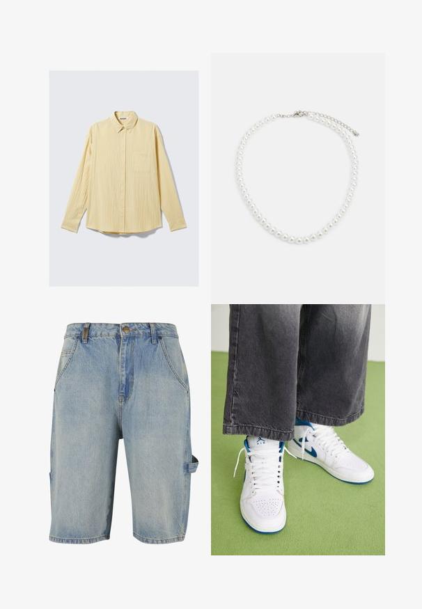 Chemise jaune à manches longues boutonnée en tissu texturé, avec une poche poitrine, un col pointu et un ourlet arrondi. Étiquette de la marque visible.; Shorts en denim bleu clair, avec un design classique à cinq poches, des détails de couture visibles et une poche cargo sur le côté avec une boucle.; Baskets montantes blanches avec des accents bleus, boîtier perforé, et lacets blancs. Portées avec un pantalon en denim gris ample sur une surface verte.; Collier en perles blanches avec une forme ronde uniforme, surface lisse et fermoir en métal avec une chaîne d'extension pour une longueur ajustable.