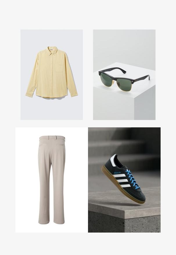 Chemise jaune à manches longues boutonnée en tissu texturé, avec une poche poitrine, un col pointu et un ourlet arrondi. Étiquette de la marque visible.; Pantalon beige droit vu de dos, avec passants de ceinture et deux poches passepoilées à la taille.; Baskets Adidas noires avec des rayures blanches, des lacets bleus et une semelle en gomme flottant au-dessus d'une marche en béton grise sous une lumière douce.; Lunettes de soleil Ray-Ban avec des verres verts, monture en plastique noir et accents dorés sur les bords. Forme carrée avec une finition mate.