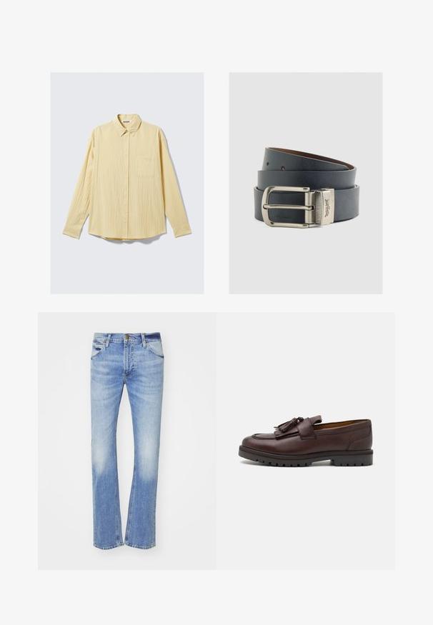Camisa amarilla de manga larga con botones, hecha de tela texturizada, con un bolsillo en el pecho, cuello puntiagudo y dobladillo redondeado. Etiqueta de la marca visible.; Jeans de mezclilla azul claro con un diseño de pierna recta, que presentan desgastes en la parte frontal, estilo clásico de cinco bolsillos y una cremallera con un cierre de botón.; Zign by Zalando Mocasines elegantes - brown; Cinturón de cuero en gris oscuro con una hebilla de metal tono plateado. Presenta un acabado texturizado y múltiples agujeros de ajuste.