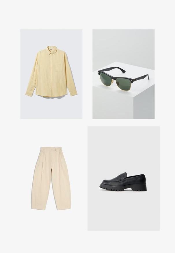 Chemise jaune à manches longues boutonnée en tissu texturé, avec une poche poitrine, un col pointu et un ourlet arrondi. Étiquette de la marque visible.; Pantalon beige taille haute à jambes larges avec plis, poches latérales, passants pour ceinture et fermeture par bouton sur la ceinture avant.; Mocassins en cuir noir avec un bout arrondi, présentant une sangle décorative et une semelle en caoutchouc épaisse avec de profonds crampons pour une meilleure adhérence.; Lunettes de soleil Ray-Ban avec des verres verts, monture en plastique noir et accents dorés sur les bords. Forme carrée avec une finition mate.