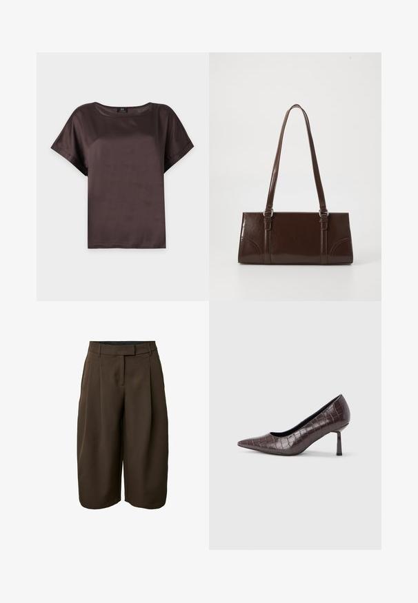 Short-sleeve dark brown satin blouse with a round neckline and a loose fit, displayed on a plain light gray background.; Dark brown knee-length wide-leg shorts with belt loops, front pleats, and a concealed front closure.; Brown faux leather pointed-toe heels with a crocodile texture, featuring a slim, angular heel and a smooth interior lining.; Brown patent leather handbag with a rectangular shape, two long handles, and subtle curved accents on the front.