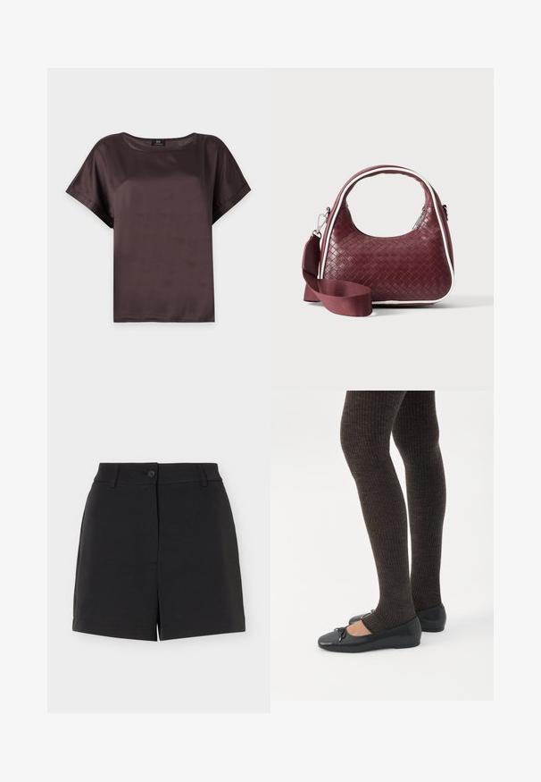 Blouse en satin marron foncé à manches courtes, col rond et coupe ample, présentée sur un fond uni gris clair.; Shorts noirs sur mesure avec passants de ceinture, fermeture à bouton et détail d'ouverture avant, affichés sur fond blanc.; Jambes portant des leggings côtelés foncés associés à des ballerines noires avec de petits détails en nœud sur fond blanc.; Sac à main en cuir tressé marron foncé avec poignée courbée, garniture blanche, fermeture éclair argentée et bandoulière large en tissu amovible sur fond uni.