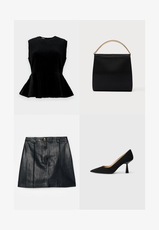 Top peplum negro con diseño sin mangas, tejido texturizado, escote redondo y dobladillo acampanado. Presenta sutiles estrías verticales en toda su superficie.; AERON RUDENS SKIRT - Falda acampanada - black; Zapato de tacón alto de ante negro con punta afilada, que cuenta con un tacón de bloque negro brillante y un forro interior suave.; Bolso negro de tela suave, con forma estructurada, asa de cadena dorada y diseño geométrico minimalista.