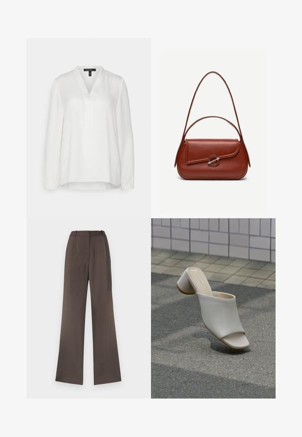 Weiße Bluse mit langen Ärmeln, aus leichtem Stoff gefertigt, mit V-Ausschnitt, elastischen Bündchen und lockerer Passform. Glatte Textur mit subtiler, leichter Schimmer.; Weite Hosen aus festem braunem Stoff mit glatter Textur, Gürtelschlaufen, vorderer Bügelfalte und ohne sichtbare Taschen.; Ein weißer offener Mule mit Blockabsatz auf gepflastertem Boden nahe einer gefliesten Wand, schräg gestellt, um Seiten- und Draufsicht zu zeigen.; Braune Leder-Schultertasche mit abgerundeter rechteckiger Form, asymmetrischer Klappe, silbernem runden Verschluss und zwei dünnen Riemen.