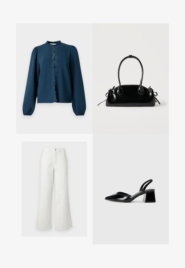 Marinebluse mit langen Puffärmeln, hohem gerafftem Kragen und Spitzenverzierungen auf der Vorderseite; strukturierter Stoff mit Knopfverschlüssen.; Weiße Jeans mit hoher Taille, weitem Bein, vorderen Taschen, Gürtelschlaufen, Knopfverschluss und dekorativem Schnürdetail an beiden Seiten der Beine.; Schwarze Lackleder-Slingback-High Heels mit spitzem Schuh und einem geometrischen Blockabsatz. Verfügt über ein schlankes, minimalistisches Design und eine glatte Textur.; Kleine schwarze glänzende Handtasche mit zwei langen Griffen und seitlichen Kordelzug-Details vor einfachem hellem Hintergrund.