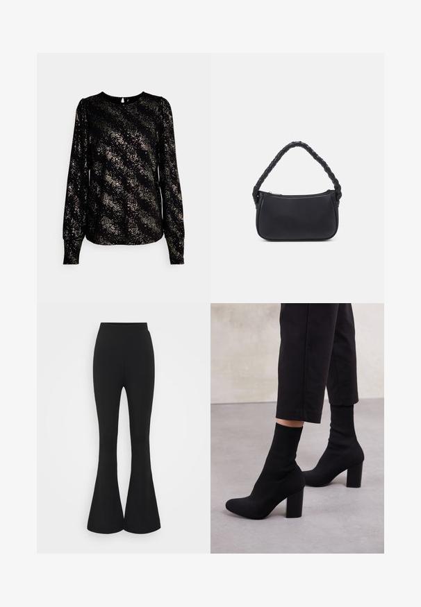 ONLY Tall ONLPELLA FOIL PUFF - Blusa - black/gold; Pantalones negros acampanados hechos de un tejido elástico. El diseño cuenta con una cintura alta y un dobladillo acampanado que se abre por debajo de la rodilla.; Botines de tacón negro con un upper tipo calcetín acanalado, superficie lisa, punta redonda y un tacón de bloque para mayor estabilidad.; Bolso negro de forma redondeada, hecho de material liso. Presenta un asa trenzada y un cierre de cremallera para un almacenamiento seguro.