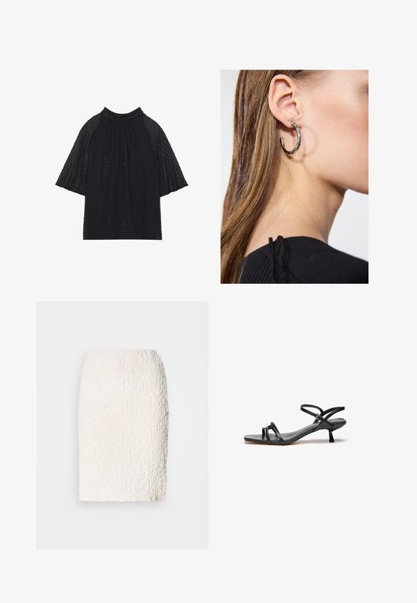Haut noir à manches courtes transparentes, arborant un motif texturé. Le col plissé et la coupe ample créent une silhouette décontractée.; Jupe crayon blanche texturée avec une surface légèrement duveteuse, longueur genoux, présentant un design ajusté et sans fermetures ni embellissements visibles.; Sandale en cuir noir au design épuré et minimaliste. Dotée de deux fines lanières et d'un petit talon incliné. Texture lisse et bout ouvert.; Boucle d'oreille en argent avec une finition polie, présentant de petits détails en or et de forme ronde, portée sur le lobe.