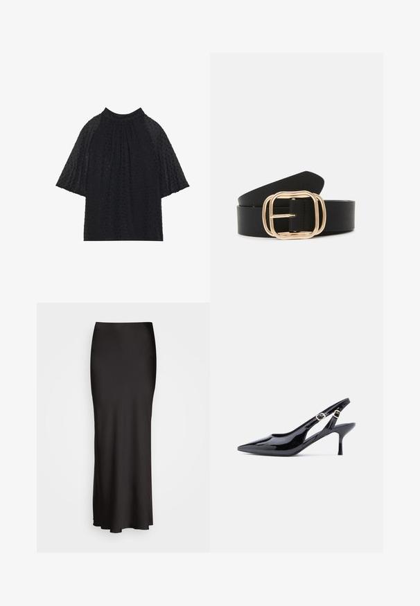 Haut noir à manches courtes transparentes, arborant un motif texturé. Le col plissé et la coupe ample créent une silhouette décontractée.; Jupe en satin noire, longue jusqu'au sol, avec une texture lisse, une taille ajustée et une silhouette en A, sans ornements ni motifs visibles.; Escarpin slingback en cuir verni noir avec bout pointu, bride à boucle réglable et talon haut et fin. Présente une découpe latérale ouverte.; Ceinture en cuir noir avec une boucle rectangulaire en ton or aux bords arrondis, texture lisse et design élégant.