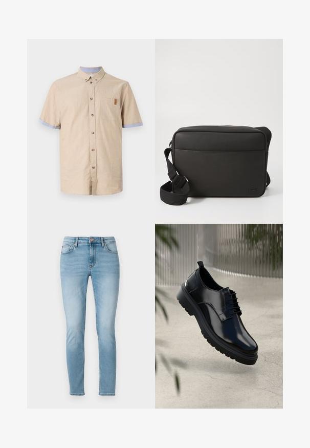 Chemise à manches courtes avec boutons en lin beige et accents bleus sur les manches. Présente une poche poitrine et des boutons marron. Texture lisse.; Jean skinny bleu clair en denim, avec taille mi-haute, cinq poches et un léger dégradé sur les cuisses. Fermeture à bouton à la taille.; Chaussure en cuir noir avec une finition brillante, bout rond, design à lacets, surpiqûres contrastantes, et semelle épaisse en caoutchouc avec motifs de relief.; Sac messager noir en tissu texturé, avec une fermeture zippée, une bandoulière réglable et un logo en relief sur le panneau avant.