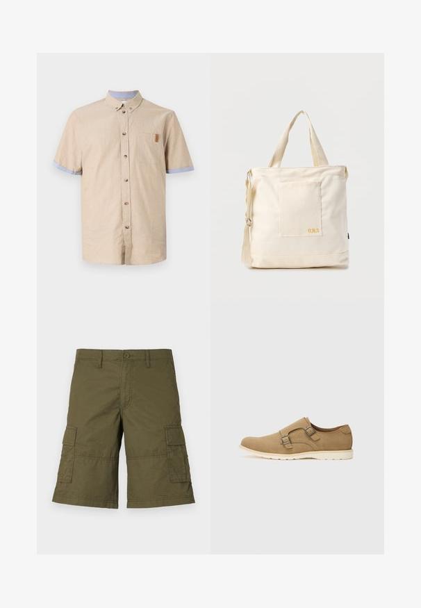 Chemise à manches courtes avec boutons en lin beige et accents bleus sur les manches. Présente une poche poitrine et des boutons marron. Texture lisse.; Shorts cargo vert olive avec fermeture à bouton, plusieurs poches latérales et détails cousus. Fabriqués en tissu durable avec une coupe décontractée.; Chaussure en daim marron avec un bout arrondi, deux sangles décoratives avec des boucles en argent et une semelle légère blanche. Texture lisse sur l'ensemble.; Sac fourre-tout en toile crème avec poche avant, deux poignées, bandoulière réglable et petit texte jaune "O.N.S" en bas à droite de la poche.