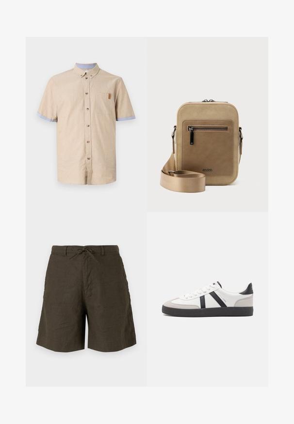 Kortærmet skjorte med knapper i beige hør med blå detaljer på ærmerne. Har en brystlomme og brune knapper. Glat tekstur.; Kaki shorts lavet af hør, med elastisk talje, sidelommer og en afslappet pasform med en glat tekstur.; Hvide sneakers med sorte og grå detaljer, med en tekstureret grå tåhætte, sort gummisål og flade hvide snørebånd. Rent design, minimalistisk stil.; Lille beige crossbody-taske med lynlåslomme foran, metal ALDO-logo, justerbar bred rem og rundet rektangulær form på hvid baggrund.
