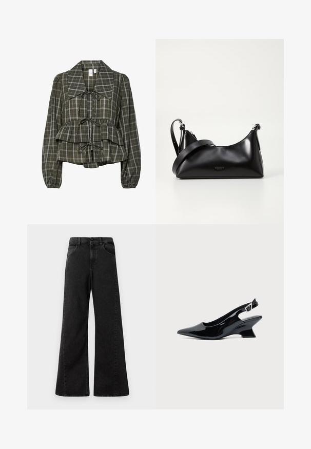 Blusa de manga larga a cuadros en verde oliva con collar oversized, cintura fruncida, detalle de peplum y tres lazos atados en la parte delantera.; Vaqueros de mezclilla negros de cintura alta con un diseño de pierna ancha, que cuentan con bolsillos frontales y un cierre de botón en la cintura.; Zapato slingback de cuero charol negro con puntera puntiaguda y tacón bajo en bloque inclinado sobre fondo claro liso.; Bolso de mano de cuero negro con una textura suave. Cuenta con una correa ajustable y un diseño elegante y minimalista con cierre de cremallera.
