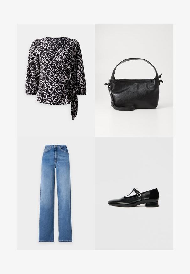 Sort og hvid mønstret bluse med trekvartærmer, indpakningsdesign, tekstureret stof og sidebinding.; Lyseblå vide denimbukser med høj talje, frontlommer og standard knaplukning. Glat tekstur.; Sorte Mary Jane-sko i læder med spids tå, lille blokhæl og justerbar rem med sølvspænde. Glat, blank tekstur.; Sort læderhåndtaske med et struktureret design, rund tophåndtag og aftagelig skulderrem. Den har en glat tekstur og en subtil glans.