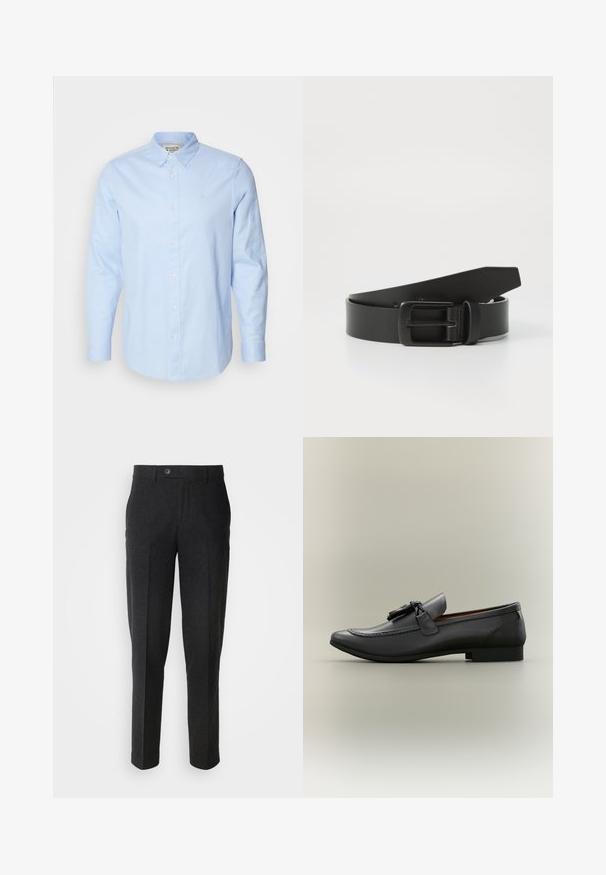 Lichtblauw overhemd met lange mouwen, knoopsluiting en een button-down kraag, met witte knopen en een subtiele geborduurde logo op de linkerkant van de borst.; Lindbergh Broek - black melange; Zwarte leren instapper met een ronde neus, decoratieve kwast en gestikte details. Platte hak met een strak profiel en een gladde textuur.; Zwarte leren riem met een matte zwarte metalen gesp, met een gladde textuur en eenvoudig ontwerp. Verstelbare lengte met een taps toelopend uiteinde.