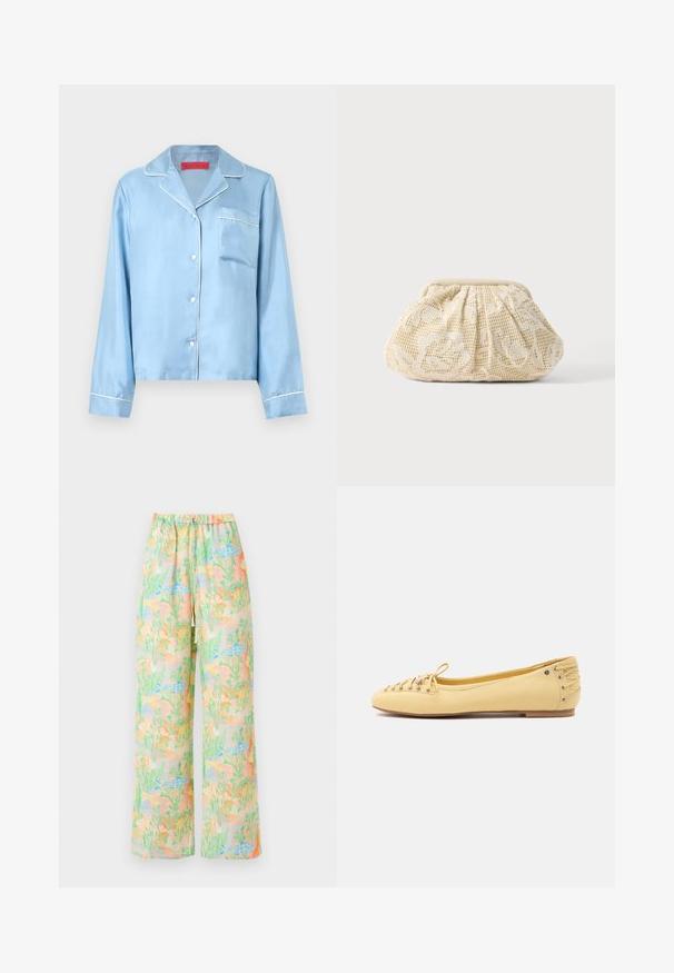 Top de pijama de raso azul claro con cuello de solapa, bolsillo frontal, ribete blanco y cierre de botones. Mangas largas con detalle de puños.; Pantalones de pierna ancha en tela ligera con un patrón pastel de peces y plantas. Cintura elástica con un detalle de cordón.; Zapato de ballet plano de cuero amarillo con detalle de cordones en la parte delantera y cordones cruzados en el talón trasero, mostrado de perfil sobre un fondo blanco.; Bolso clutch de tela color crema con superposición de encaje floral y cierre superior recogido sobre un fondo claro sencillo.