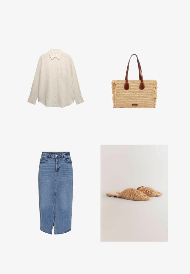 Lichtbeige linnen overhemd met lange mouwen, knoopsluiting aan de voorkant, puntige kraag, een borstzak en een losse pasvorm. Subtiele textuur zichtbaar.; Lichtblauwe denim midi rok met een voorflap, vijf zakken, riemlussen en een knoopsluiting in de taille. Klassieke pasvorm en textuur.; Geweven leren slidesandalen in lichtbruin, met een oversized geweven bovenkant en een platte zool. De spitse neus zorgt voor een strakke uitstraling.; Rechthoekige geweven strohandtas met bruine leren handvatten en franjes aan de zijkanten, met een klein voorlabel.