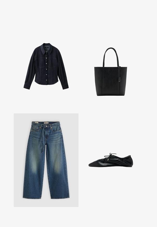 Zwarte denim blouse met lange mouwen, puntige kraag en voorste sluiting met witte knopen.; Denim wide-leg jeans in donkerblauw met een vervaagd ontwerp, voorzien van een trekkoord in de taille en vijf zakken.; Zwarte leren ballerina met een geraffineerde neus en veter met metalen uiteinden, minimalistisch en slank zijaanzicht.; Zwarte leren shopper met een gestructureerde vorm, lange handvatten en een getextureerd oppervlak. Voorzien van een decoratief hanglabel.