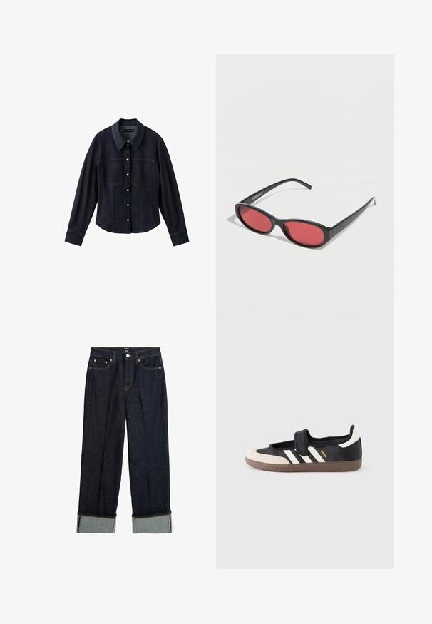 Sort denim langærmet skjorte med spidst krave og frontknaplukning med hvide knapper.; Mørkeblå bredbenede jeans med opsmøg, der har orange syninger og klassisk fem-lommers design. Lavet af denimstof.; Sort og beige sko med velcrolukning, tre hvide striber på siden og en tekstureret brun gummisål. Mærkelogo er synligt.; Sorte ovale solbriller med tynde arme og rødtonede linser, der ligger på en hvid overflade.