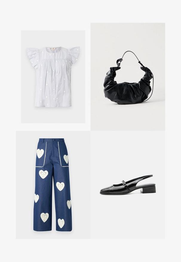 Lyseblå bluse med korte ærmer og flæser, knappelukning foran, tekstureret stof og små hvide blomsterbroderier spredt ud over.; Sister Jane HEART TO HEART - Jeans Straight Leg - blue denim; Sort laklæderslingback-sko med lav blokhæl og tynd rem med sølvspænde over toppen.; Sort faux læder handbag med et blødt, samlet design og et fleksibelt håndtag, der fremviser en glat tekstur og en subtil glans.