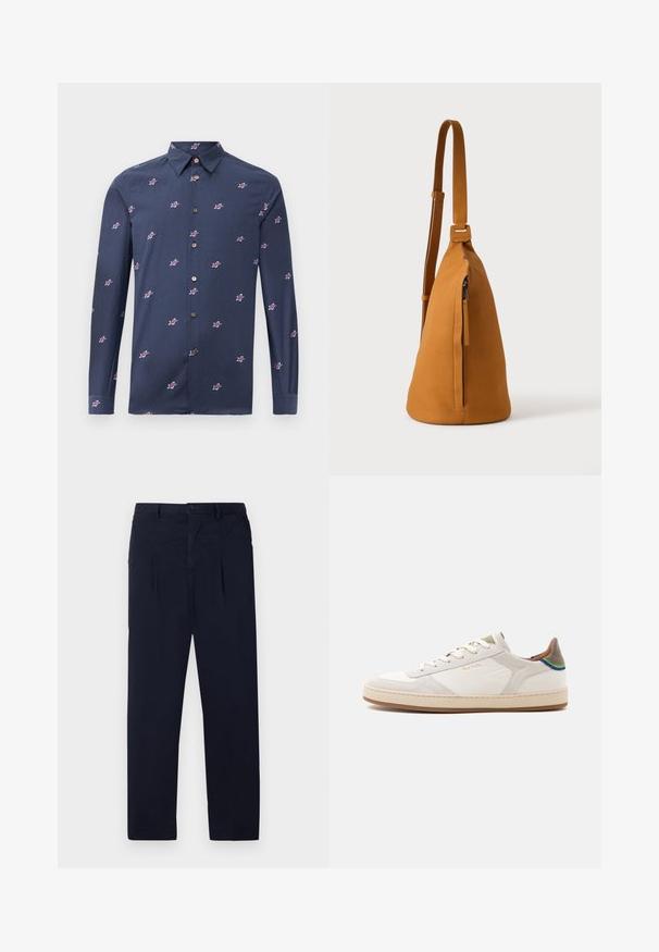 Camisa de color azul marino hecha de algodón con mangas largas, que presenta pequeños patrones de estrellas rojas y blancas y botones marrones. Diseño de cuello clásico.; Pantalones azul marino hechos de una tela ligera que cuentan con un frente plano, dos pliegues y un cierre de botón estándar en la cintura.; Zapatilla blanca de perfil bajo con suela beige, cordones delanteros, detalle en verde y azul en el talón, y sutil logo dorado "Paul Smith" en el lateral.; Bolso bandolera de piel color canela con correa ajustable y bolsillo vertical con cremallera, mostrado de lado sobre un fondo claro y liso.