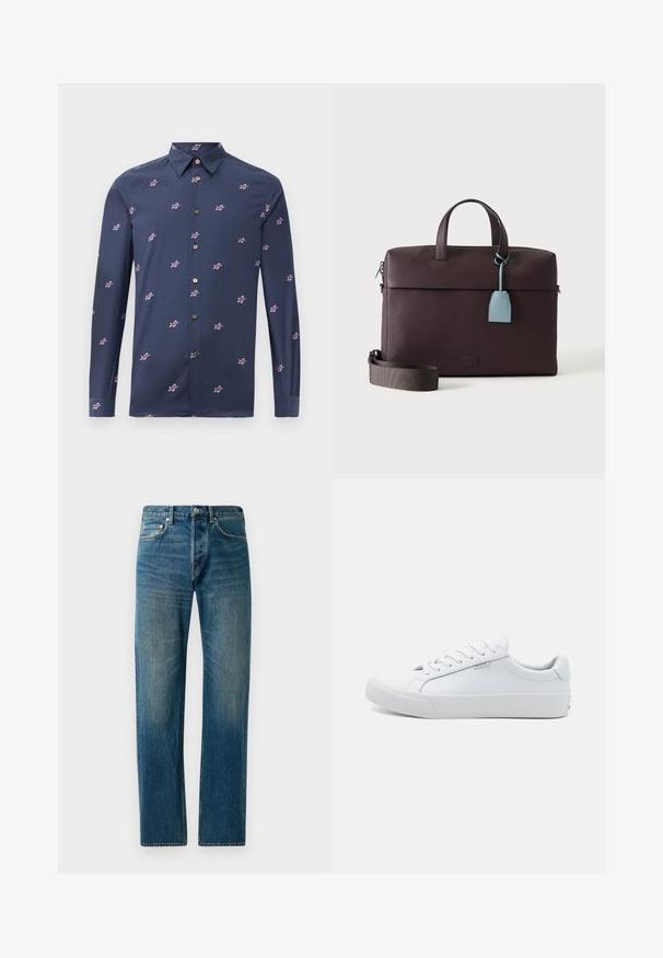 Navyblaue Baumwollbluse mit langen Ärmeln, die mit kleinen roten und weißen Sternmustern sowie braunen Knöpfen versehen ist. Klassisches Kragen-Design.; Blaue Denim-Jeans im Straight-Leg-Design, ausgestattet mit einem Fünf-Taschen-Stil, dezenten Verwaschungen und kontrastierenden Nähten.; Weiße Leder-Sneaker mit glatter Oberfläche, niedrigem Design, runder Spitze und flacher Gummisohle. Ausgestattet mit flachen Schnürsenkeln und minimaler Markenkennung.; Dunkelbraune Leder-Aktentasche mit oberen Griffen, abnehmbarem Schulterriemen und hellblauem Lederanhänger, der von einem Griff hängt.