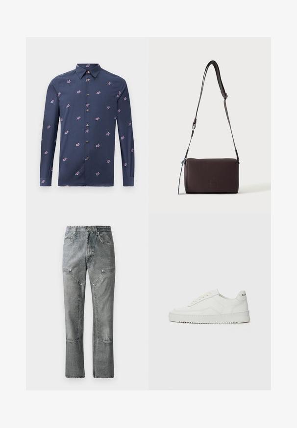 Mørkeblå skjorte lavet af bomuld med lange ærmer, prydet med små røde og hvide stjernemønstre samt brune knapper. Klassisk krave-design.; Grå denimjeans med lige pasform, der har frontlommer, synlige sømme og en falmet finish. Materialet har en glat overflade.; Hvide lædersneakers med en glat overflade, rund tå, flade snørebånd og en tekstureret sål. Har et diskret logo på hælen.; Mørkebrun textured læder crossbody taske med justerbar rem og lille dekorativ blå accent på siden.