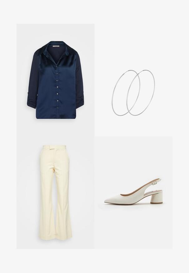Navyblauwe blouse met een satijnen voorkant, contrasterende gestructureerde mouwen, knoopsluiting en een klassieke kraag. Driekwart mouwen met oprolmogelijkheid.; Mads Nørgaard Broek - double cream; Witte leren slingback pump met een spitse neus, middelhoge blokhak en verstelbare strap. Gladde textuur; minimalistisch ontwerp.; Zilveren hoepel oorbellen met een minimalistisch ontwerp. Cirkelvormig, gladde textuur en dun profiel. Lichtgewicht met een gepolijste afwerking.
