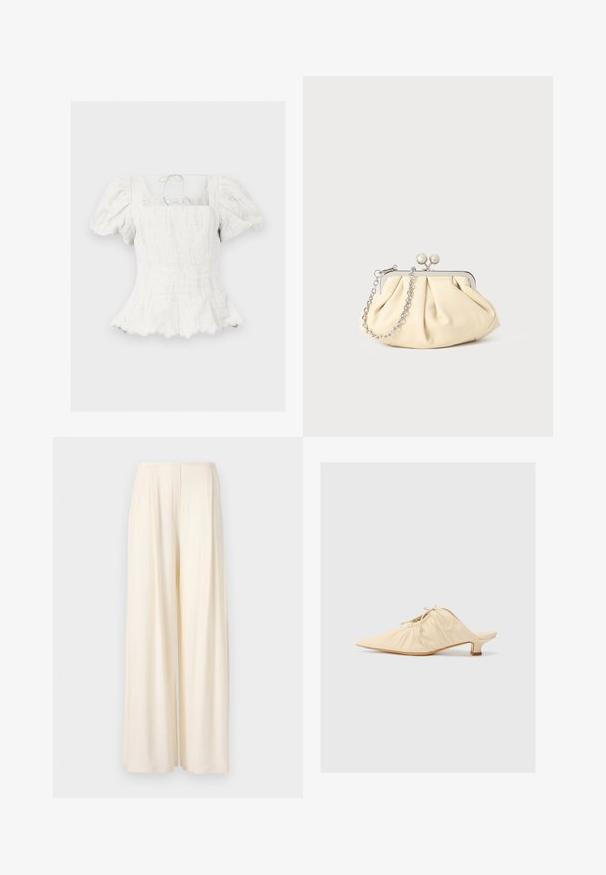 Blusa blanca texturizada con mangas abullonadas, escote cuadrado, cintura ajustada, dobladillo festoneado y un lazo delgado en la espalda.; Norma Kamali MENS PLEAT - Pantalones - cream; Zapato de piel color crema tipo slip-on con puntera afilada, detalles fruncidos en la parte delantera y un tacón corto y cuadrado.; Clutch de cuero beige plisado con un marco de metal plateado, que cuenta con dos broches decorativos redondos y una correa de cadena plateada.