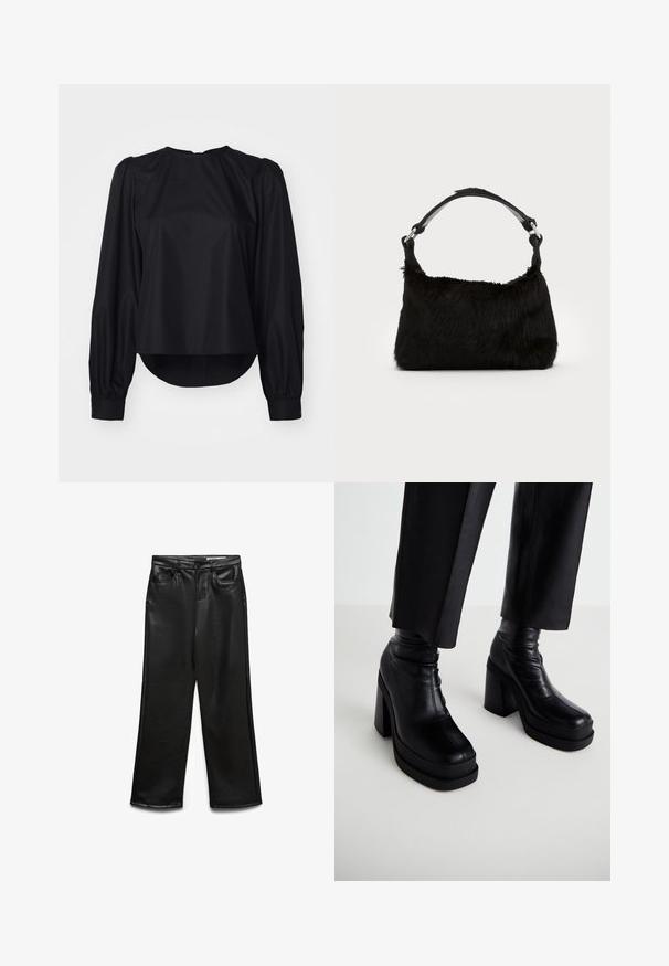 Blouse noire à manches bouffantes longues, encolure ronde et ourlet légèrement arrondi. Fabriquée en tissu lisse et léger avec des poignets boutonnés.; Pantalon large en cuir synthétique noir avec poches avant, passants pour ceinture et léger éclat. Texture lisse et coupe ajustée.; Bottines noires en cuir avec plateforme, talon bloc haut et texture lisse. Présentent des détails de coutures et un design supérieur ajusté.; Sac à main en fausse fourrure noire avec une texture douce, une forme arrondie et une bandoulière en cuir noir robuste. Accent en métal argenté visible.