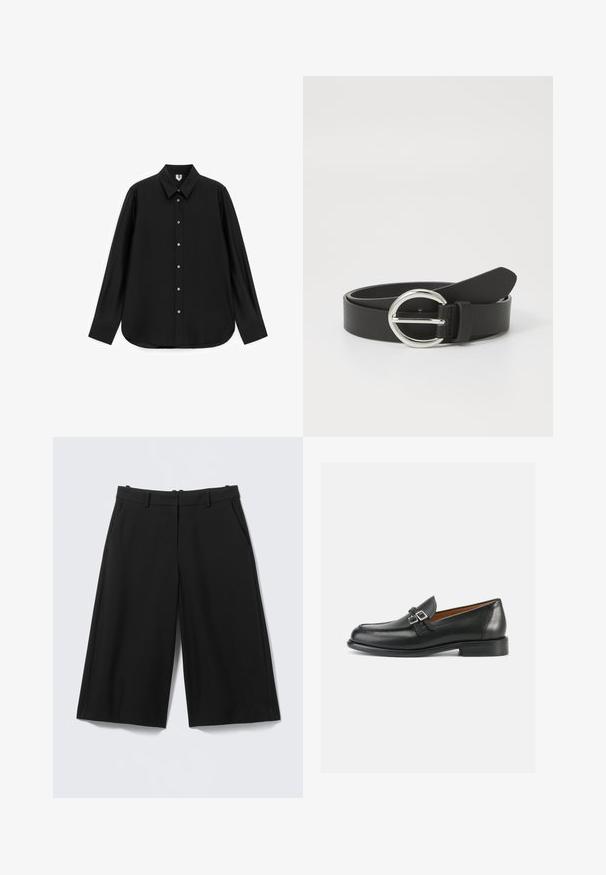 Chemise noire à manches longues avec col pointu, poignets boutonnés et ourlet arrondi, présentée sur un fond blanc.; Shorts noirs sur mesure longueur genou avec passants de ceinture et poches latérales sur un fond clair uni.; Mocassins en cuir noir avec un design cousu, comportant un double accent boucle et un talon légèrement surélevé pour plus de hauteur.; Ceinture en cuir noir avec une boucle en argent rond, texture lisse et design épuré. La sangle est ajustable avec une extrémité pointue.