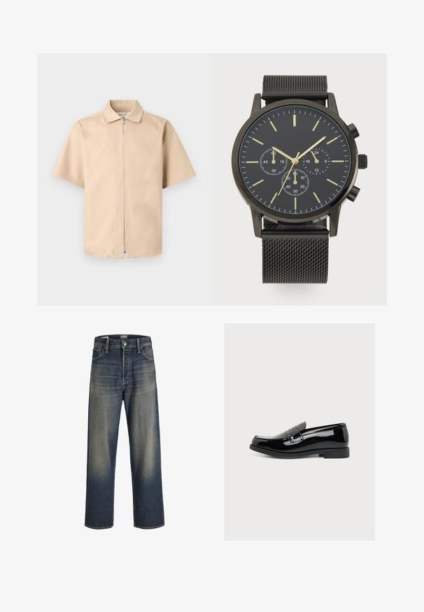 Beige shirt met korte mouwen, kraag en ritssluiting aan de voorkant, afgebeeld tegen een effen lichte achtergrond.; Wijde jeans in donkerblauwe denim met een gradientafwerking, voorzien van een knoopsluiting, vijf zakken en gestructureerde stikdetails.; Glanzende zwarte lakleren loafer met een lage hak en een banddetail over het bovendeel, zijaanzicht op een effen achtergrond.; Zwarte analoge horloge met een zwarte gaasband. Het ronde klokface heeft gele uurmarkeringen, subdials voor chronograaf functies en een kroon.