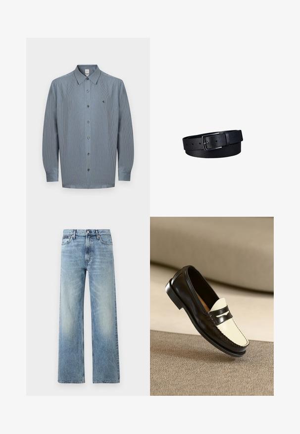 Camisa de hombre de manga larga con botones en azul, con un sutil patrón de cuadros y un pequeño logo bordado "ck" en el pecho.; Vaqueros de mezclilla azul claro de corte recto con cintura alta, cinco bolsillos, cierre de botón y sutil desgaste en los muslos y las rodillas.; Mocasines de cuero negro con un vampiro color crema y rayas de acento negras, presentando un tacón bajo y costuras detalladas a lo largo de los bordes.; Cinturón de cuero negro con acabado texturizado y hebilla rectangular de metal negro, enrollado sobre un fondo blanco.