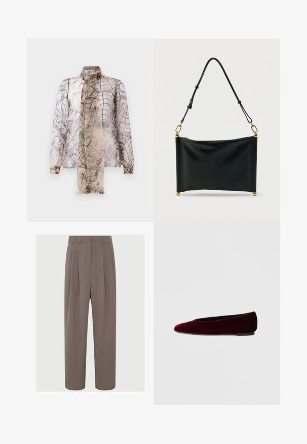 Gennemsigtig bluse med lange ærmer, løse manchetter, høj hals og abstrakte sorte arkitektoniske skitser på en beige baggrund.; Brune plisserede bukser med høj talje, slankt stof, vidde ben-design og sidelommer, der har en glat og let tekstur.; Bourgognefarvede balletflade sko i fløjl med rundet tå og lav hæl, med en glat tekstur og elegant design.; Sort rektangulær læderhåndtaske med justerbar rem, gulddetaljer og lynlåslukning, stående opret mod en hvid baggrund.