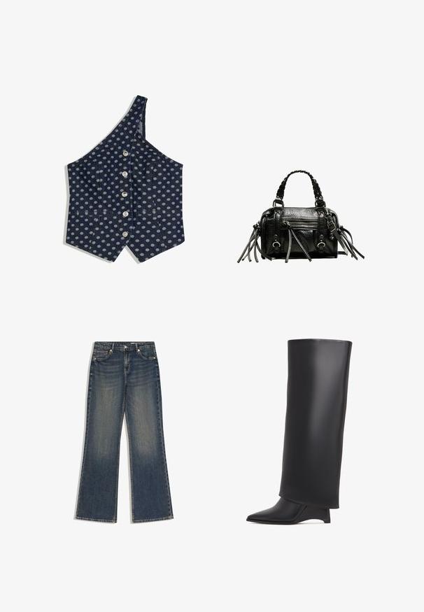 Mørkeblå ét-skulder vest med lysegrå polkaprikker og fem knapper foran, med to små vandrette paspolerede lommer.; Mørkeblå denimjeans med høj talje, lige brede ben, knap- og lynlås-lukning foran samt design med fem lommer.; Sort knælang støvle lavet af glat læder, med spids tå og trekantet hæl. Designet med en strømlinet, glat overdel.; Sort læderhandtaske med flettede håndtag, tekstureret overflade, lynlåslomme foran og dekorative frynse-accenter. Kompakt og struktureret form.