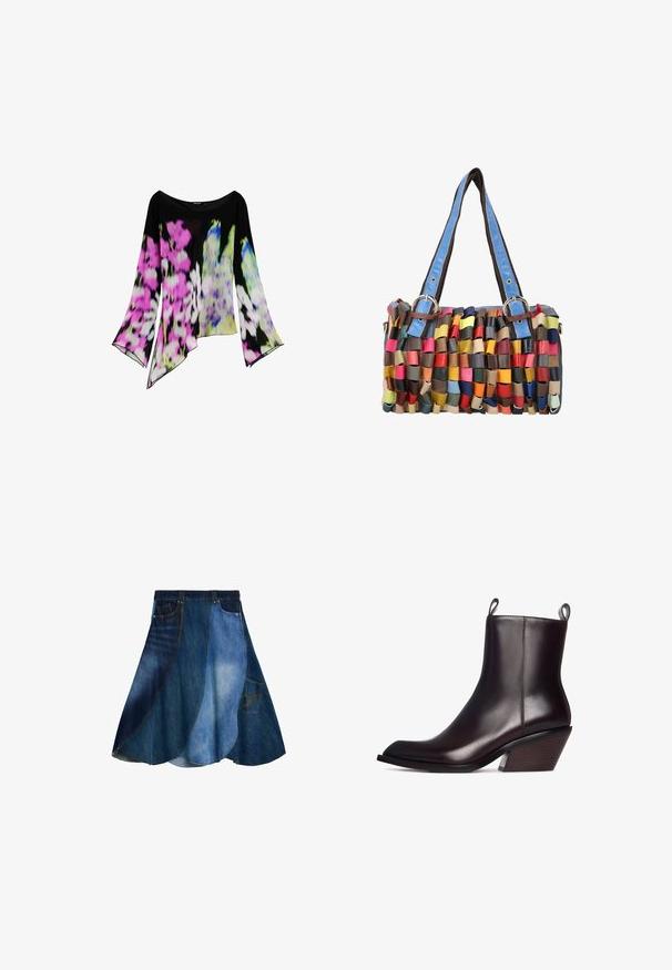 Zwarte blouse met lange mouwen, een asymmetrische zoom en levendige bloemenprints in roze, wit, groen en blauw.; Denim rok met een patchwork ontwerp in verschillende tinten blauw, uitlopende vorm en een zijzak. Gladde textuur en casual stijl.; Donkerbruine leren enkellaars met een spitse neus, voorzien van een gestructureerde houten hak en trekbanden aan beide zijkanten voor gemakkelijk aan- en uittrekken.; Kleine rechthoekige handtas met gevlochten meerkleurige leren stroken en blauwe leren schouderbanden met metalen gespen.