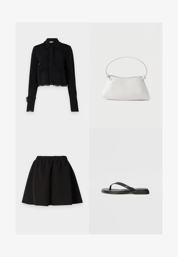 Zwarte cropped jas met franje, lange mouwen, een puntige kraag en een knoopsluiting in een gladde, lichte stof.; Zwarte rok met elastische taille, A-lijnvorm en knielengte zoom, effen ontwerp, plat gelegd tegen een witte achtergrond.; Zwarte teenflip-flop van glad leer, met een dunne band en een platte zool met een minimalistisch profiel. Geen opvallende patronen of accenten.; Witte handtas van gevlochten leer met een afgeronde handgreep en uiteinden van de band die geknoopt zijn, afgebeeld tegen een effen achtergrond.