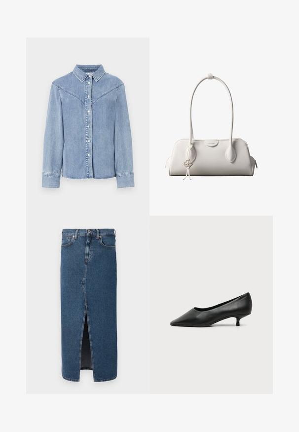 Lysblå denimskjorte med langeærmer, knaplukning foran, spidse kraver og western-stil yoke-detaljer på skuldrene.; Denim blyantskirt i mellemblå med en frontslids, klassisk fem-lomme design og knaplukning i taljen. Glat tekstur.; Sort lavhælet damesko i læder med spids tå og lille kitten heel på ensfarvet lys baggrund.; Hvid Calvin Klein skuldertaske med lange håndtag, rektangulær form, lynlåslukning og dekorativt logohæng tæt på håndtaget.