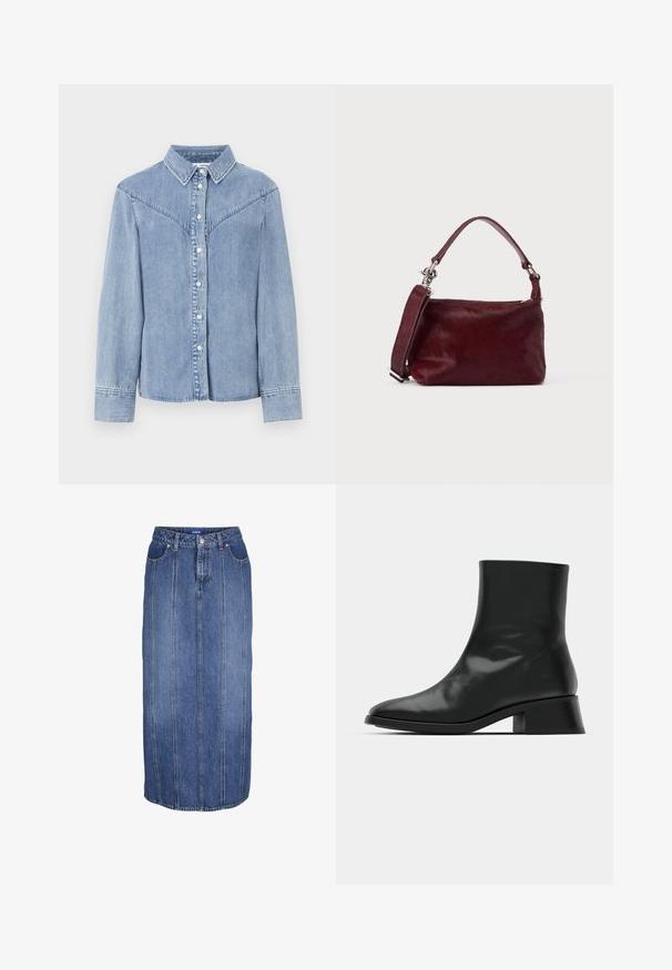 Lichtblauw denim overhemd met lange mouwen, knoopsluiting aan de voorkant, spitse kraag en western-stijl yoke-details op de schouders.; Blauwe denim midi-rok met verticale naden, knoop- en ritssluiting aan de voorkant, ceintuurlussen en steekzakken aan de voorkant.; Zwarte enkelboot van glanzend leer, met een slank ontwerp, spitse neus en een gematigde blokhak voor stabiliteit.; Kleine rechthoekige bordeauxrode handtas met gestructureerde afwerking, korte handgreep en afneembare schouderriem op een effen lichte achtergrond.