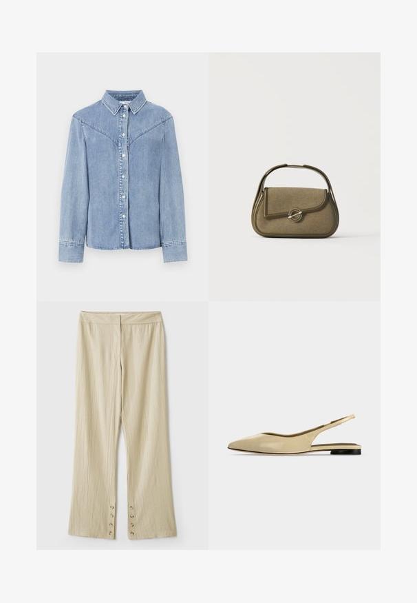 Chemise en denim bleu clair avec des manches longues, boutonnière à l'avant, col pointu et détails de style western sur les épaules.; Pantalon beige à jambes larges en tissu texturé, avec une ceinture lisse et des détails à boutons à l'ourlet.; Chaussure plate beige à bout pointu avec bride arrière, petit talon noir et finition en cuir lisse, vue de côté sur un fond uni.; Petit sac à main vert olive avec des bords arrondis, une poignée supérieure et une fermeture à rabat sécurisée par un fermoir métallique circulaire.