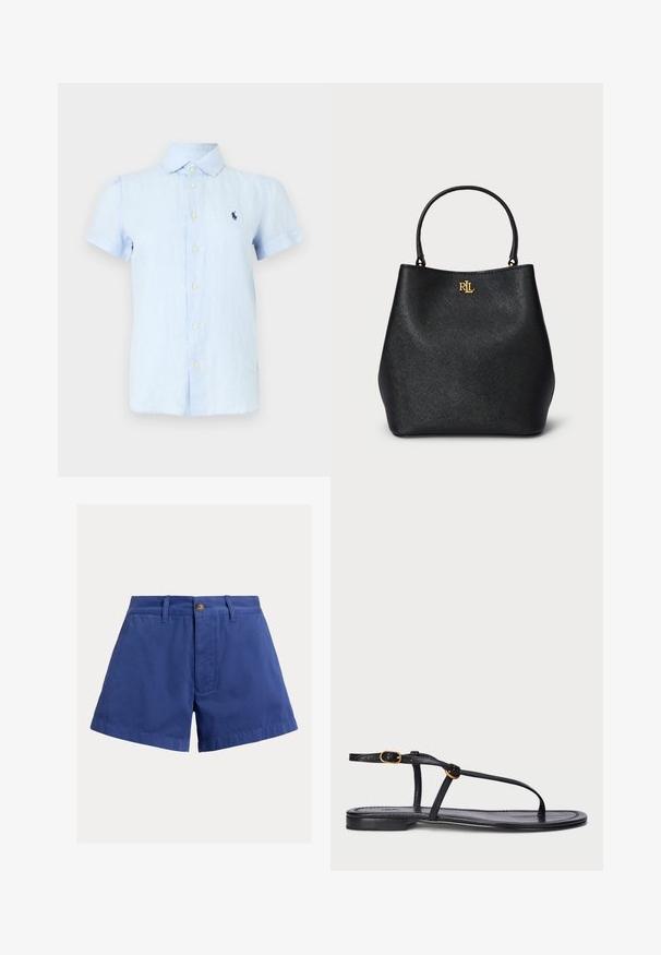 Hellblaues kurzärmeliges Hemd mit Knopfleiste, Kragen und gesticktem dunkelblauem Logo auf der linken Brustseite.; Blaue Baumwollshorts mit hoher Taille, vorderer Knopfverschluss, Gürtelschlaufen und Seitentaschen vor einfarbigem Hintergrund.; Schwarze flache Sandale mit minimalistischem Design. Sie verfügt über dünne Riemen, einen Zehensteg, goldene Akzente und eine glatte, strukturierte Sohle.; Schwarze Handtasche aus Kunstleder mit strukturierter Oberfläche, geschwungener Form und goldfarbenem Logo auf der Vorderseite. Verfügt über zwei stabile Griffe.