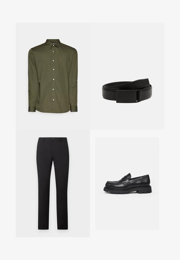 Jack & Jones JJJOE SHIRT LS PLAIN - Chemise - forest night; Pantalon noir sur mesure avec une coupe droite, doté d'une fermeture à bouton et de passants pour ceinture. Confectionné dans un tissu lisse sans motifs apparents.; Mocassin en cuir noir avec semelle épaisse crantée et détail de bride penny, présenté en profil droit sur fond blanc.; Ceinture en cuir noir avec une texture lisse, dotée d'une boucle rectangulaire noire mate et d'un design classique et minimaliste.